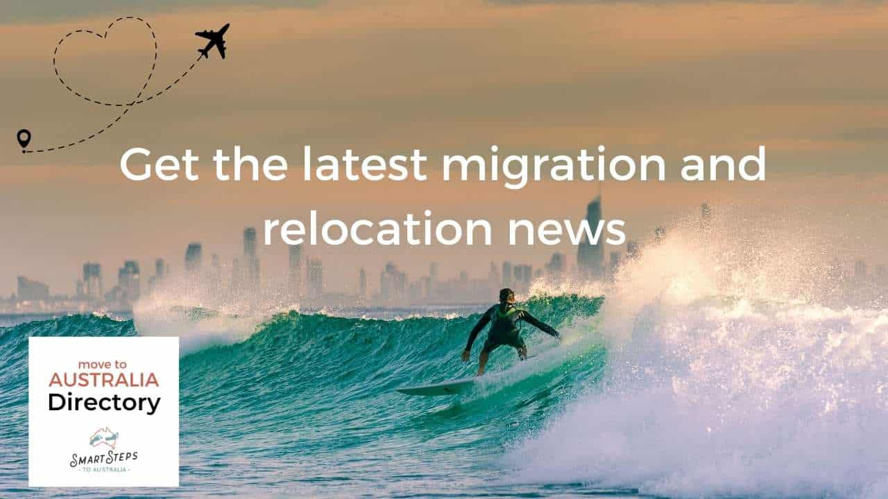 Image of somebody surfing with the text overlaid: Get the latest migration and relocation news